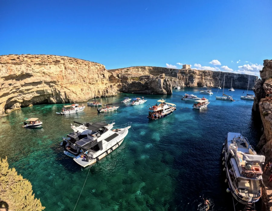 The Blue Lagoon from the air with boats