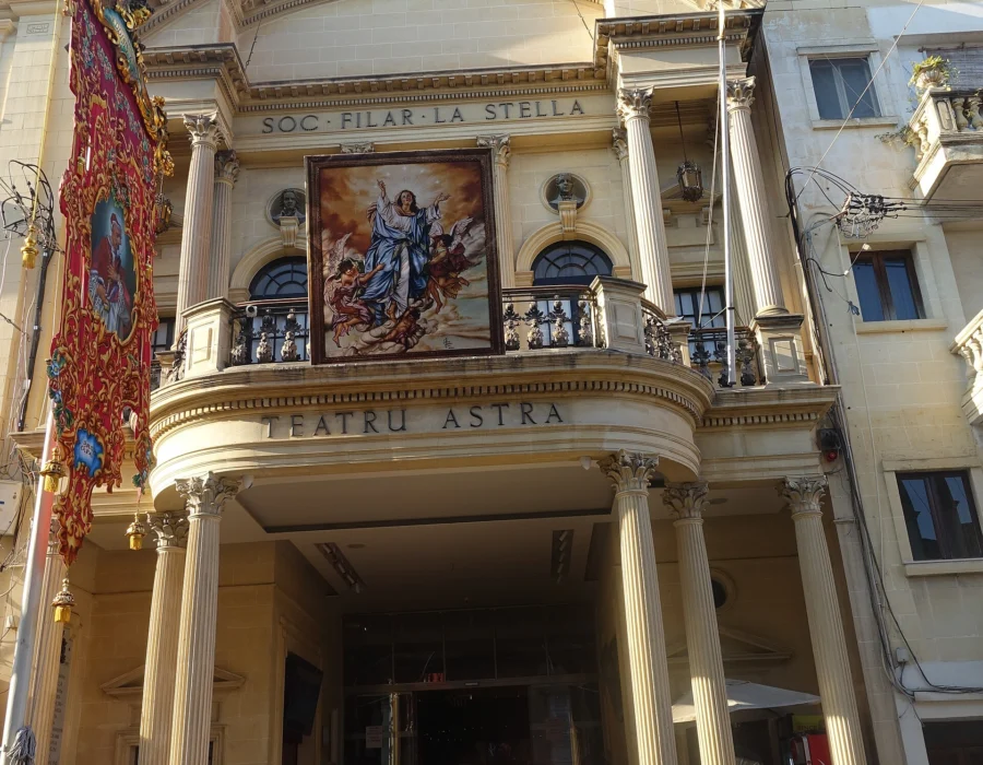 The front of Teatru Astra in Victoria, decorated for the feast