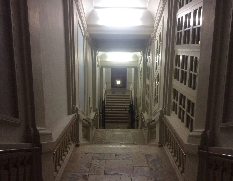 The main stairs inside the National Library of Malta in Valletta