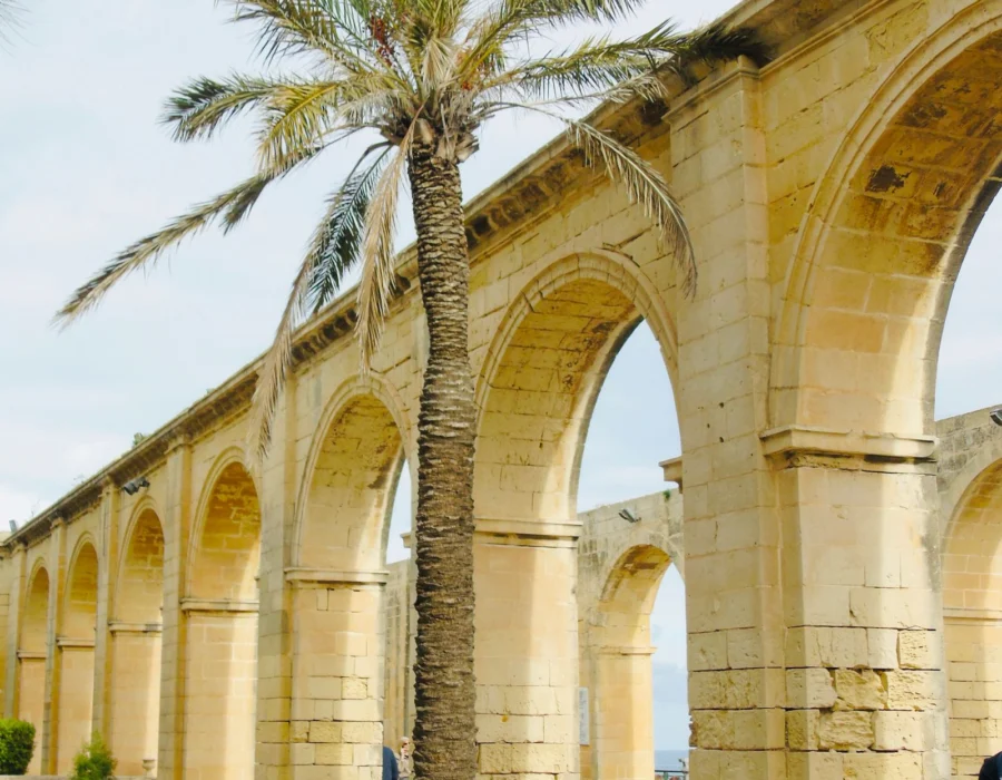 Ancient stone arches and a palm tree in a Mediterranean courtyard