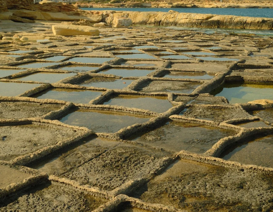 Coastal salt pans cut into the rock in Malta