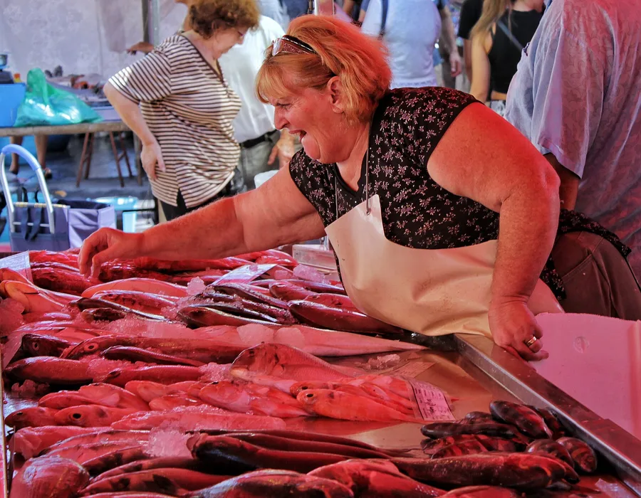 Fish stalls on the Marsaxlokk waterfront on a Sunday morning