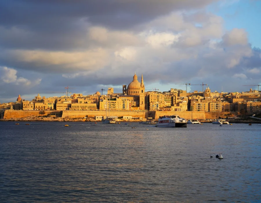 Valletta and its coastline at sunset