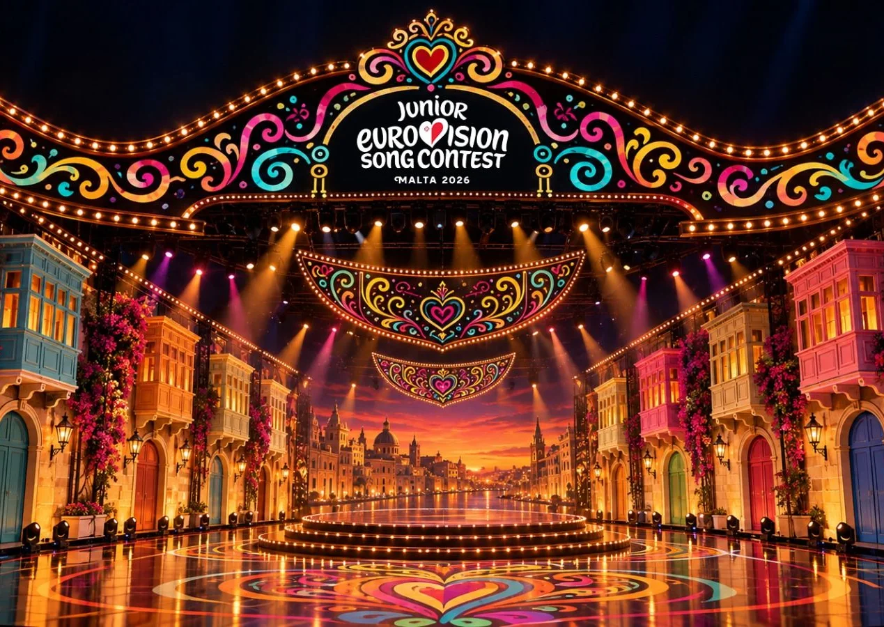 The Junior Eurovision 2026 stage design in Malta, styled as a Maltese village feast